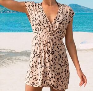 CupShe Fallon Leopard Dress Mini Tan Black NWT Medium Cap Sleeve Faux Wrap